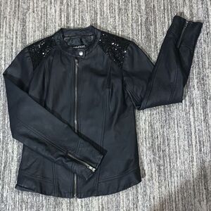 Maurices Womens Size Small Faux Leather Moto Jacket Black Sequins‎ Zippers